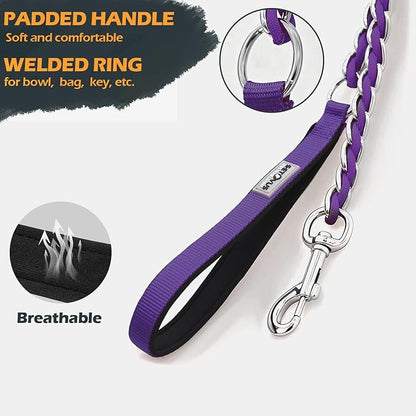 Chain Dog Leash Chew Proof Metal Leash for Medium Large Dogs, Chain Link Dog Anti Chew 5.2FT / 4FT Strong Anti Bite Comfortable Soft Padded Handle (Purple, 4FT（30-80lb）)