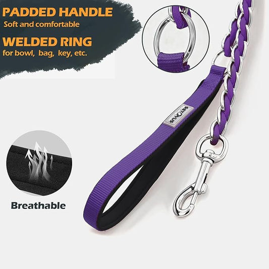 Chain Dog Leash Chew Proof Metal Leash for Medium Large Dogs, Chain Link Dog Anti Chew 5.2FT / 4FT Strong Anti Bite Comfortable Soft Padded Handle (Purple, 4FT（30-80lb）)