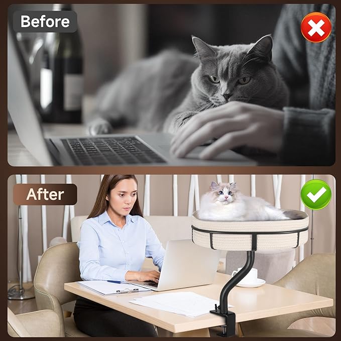 Cat Desk Bed with 360° Rotating Mount Attachment - Space-Saving Cats Hammock for Home Office/Computer Desks, Washable All-Season Indoor Pet Nest - Comfortable Perch (Cat Desk Bed-13.5*17.5 IN)