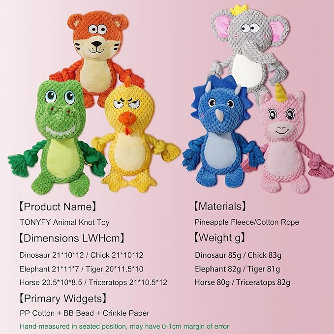 Cute Animals Interactive Squeaky Dog Toy with a Vocal Bladder, Crinkle Paper Stuffed Soft Cotton Chew Toy, Teething Rope Tug of War Pull Toy to Keep Them Busy for Puppy, Small Dogs - Pink Horse