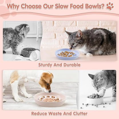 Cat Slow Feeder Bowl Set - 2 Pcs Pastel Series Cat Plate for Dry and Wet Food - Cute Maze Feeder Dish for Healthy Eating- Slow Feeding Bowls Whisker Friendly - Dishwasher Safe(Blue and Pink)