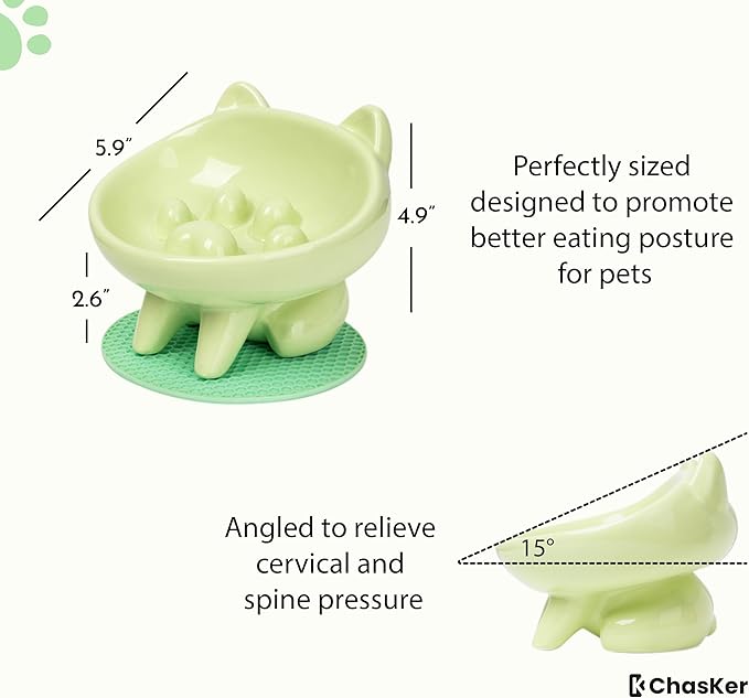 Ceramic Slow Feeder Bowl, Elevated CAT & Dog Slow Feeder, Wide-Mouth, PAW Design, Stylish Design, for Fast Eaters, Non Slip, Pets, Small & Medium Sized Breeds, (Green)