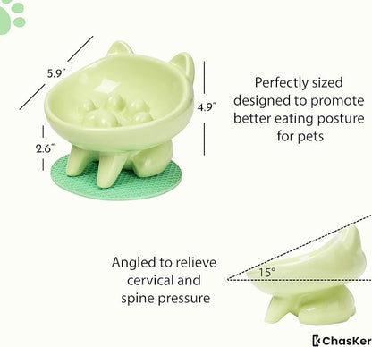 Ceramic Slow Feeder Bowl, Elevated CAT & Dog Slow Feeder, Wide-Mouth, PAW Design, Stylish Design, for Fast Eaters, Non Slip, Pets, Small & Medium Sized Breeds, (Green)