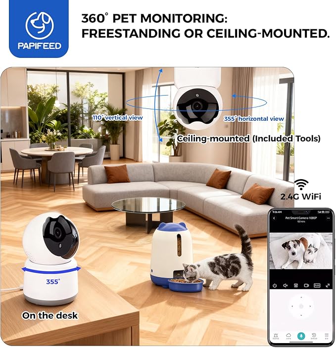 PAPIFEED Automatic Cat Feeder with Camera, App-Controlled WiFi Auto Food Dispenser, Dual Power Backup, Slow Feeding Mode, 3L Moisture-Proof Feeder for Cats & Small Dogs (Blue)