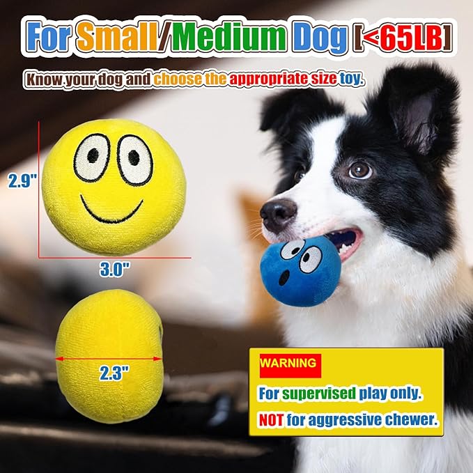 4 Pack 3 Inch Flat Squeaky Dog Balls - Plush Stuffed Built-in Squeaker, Expressions Interactive Soft Chew Toy for Small Medium Breed Dogs Puppies Indoor Outdoor