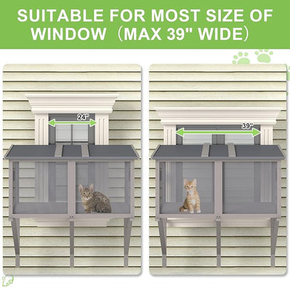 46.8" L Cat Window Box,Outdoor Enclosure for Indoor Cats,Wooden Window Catio for 1-3 Cats,Cat Wall-Mounted Perch Suitable for Wooden & Cement Wall for Sunbathing,Napping,Overlooking