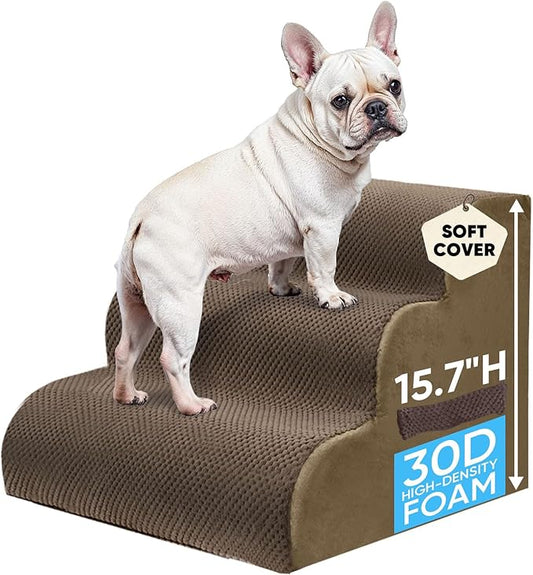 PAWSCART Pet Stairs for Dogs 3-Step, 15.7" H Pet Stairs for High Bed, Couch Sofa & Chair, 30D Material Soft Foam Dog Steps with Non-Slip Bottom Surface Removable Washable Cover, Brown