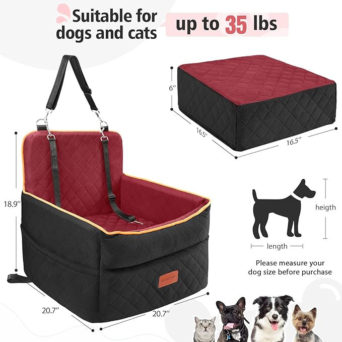 HEGGCOOE Dog Car Seat for Small Medium Dogs, Memory Foam Puppy Dog Booster Seat with Thick Cushion for Dogs Under 35lbs, Detachable Washable Pet Car Seat Travel Bed with Storage Pockets,2 Safety Belts