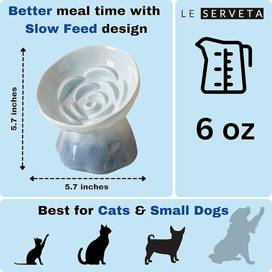 Elevated Ceramic Cat Bowl, Tilted Slow Feeder Pet Dish with Gradient Color Coating, 3.3 Ounces Capacity, Anti-Gulping Design with Rose Bouquet Design (Gradient Blue)