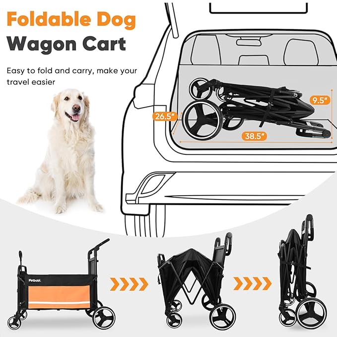 Petbobi 2-in-1 Dog Wagon Stroller for Large & Medium Dogs – Foldable Push & Pull Stroller with Ramp, 360° Swivel Wheels, Adjustable Handles & Safety Leashes for Walking Camping Parks