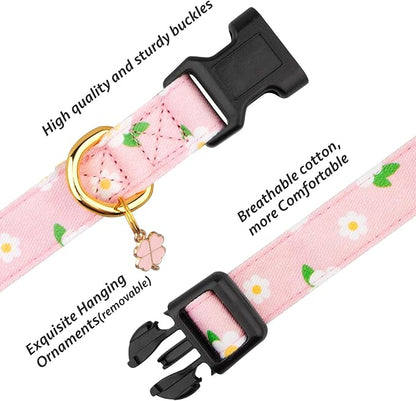 Cotton Handmade Dog Collar Cute and Distinctive Patterns Pink Flower with Pendant for Girl Boy Dogs Collars L