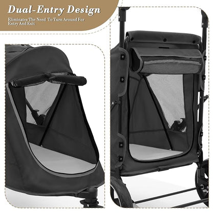 Athena Collection 3 Wheels Pet Stroller Fabric Dog Cart Dog Stroller for Large Dogs 55 Lbs Pet Stroller with Mesh Windows, Zipper Back Pocket, Safety Tether, Angle Adjustable Handlebar, Black