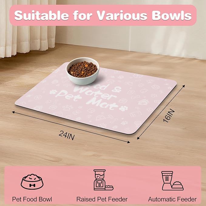 Pet Feeding Mat,Dog Cat Mat for Food and Water,Dog Bowl Waterproof Placemat with Rubber Backing,Absorbent Quick Dry Water Dispenser Mat for Pet（Pink 16"×24"）