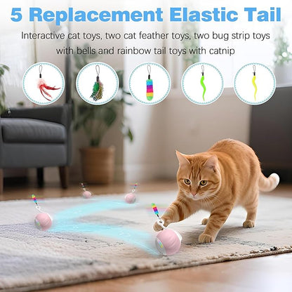 Interactive Cat Toy for Indoor (Sounds&Touch Control) Smart Cat Toys-Automatic Moving Cat Ball Toy-Fast Slow 2Speed with Feathers Tail&Lights for Kittens,Older Cats,Bored Cats,Ferret,USB Rechargeable