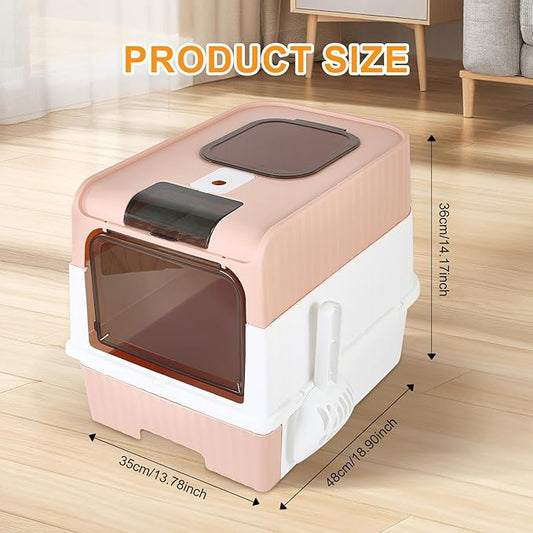 Cat Litter Box with Litter Mat, 18"x14"x13" Large Litter Box for Big Cats, Enclosed Removable Litter Boxs, Front Entry Top Exit Kitty Box, Odor Control, Easy to Clean (Pink)