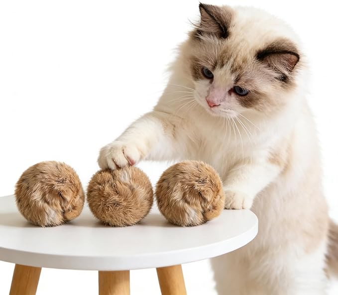 3PCS Fur Ball Cat Toy, Catnip Infused & Washable - Soft Fluffy Interactive Toy for Bunny Kicks, Chase Games, and Indoor Cat Exercise