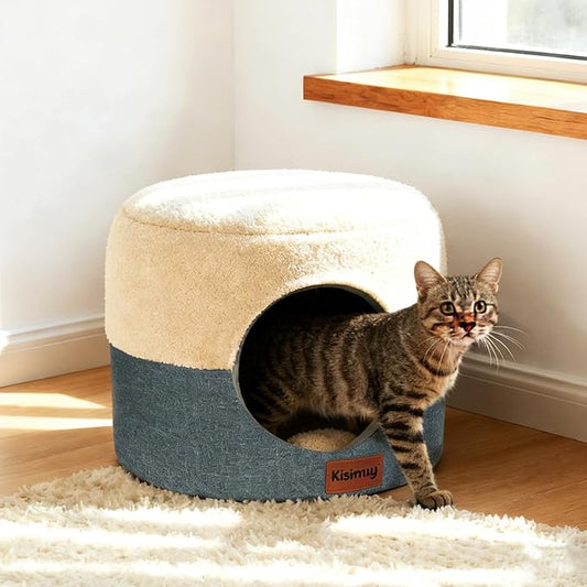 Cat Bed for Indoor Cats, 2-in-1 Convertible Cat Cave & Lounge Bed with Reversible Plush Cushion, Foldable Anti-Slip Cat House - Calming Cozy Hideaway for Kittens&Small Cats with Anxiety Relief, 15.7in