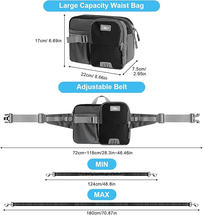 ETACCU Hands Free Dog Leash with Phone Pouch for 2 Dogs, Water Bottle Holder - Adjustable Waist Belt 19-38 Inch Belt Leash for Running, Reflective Shock Absorbing 48"-70" Extendable (Black 2)