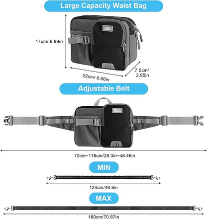 ETACCU Hands Free Dog Leash with Phone Pouch for 2 Dogs, Water Bottle Holder - Adjustable Waist Belt 19-38 Inch Belt Leash for Running, Reflective Shock Absorbing 48"-70" Extendable (Black 2)