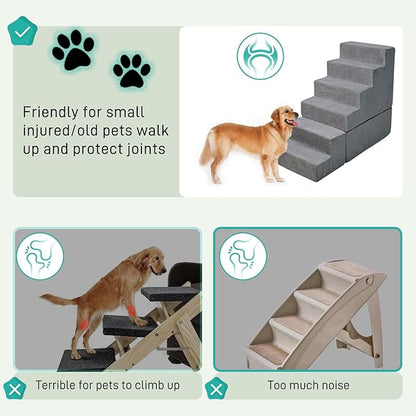 Dog Stairs for Bed 30''H Small Dogs, 6-Step Sturdy Foam Dog Steps for High Bed, Pet Stairs for Older Dogs/Cats/Puppy, Non-Slip Curved Pet Ramp Indoor, Removable Washable Cover, Grey