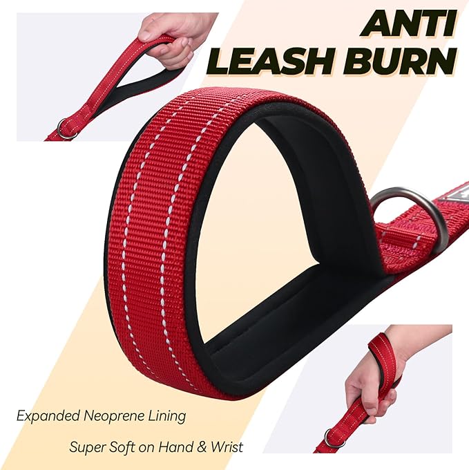 VIVAGLORY Dog Leash Twingrip Double Handle Dog Leash with Traffic Handle Control & 2 Loop for Walking & Training, Reflective Heavy Duty for Puppy Pet Collar, 5ft x 1in, Red