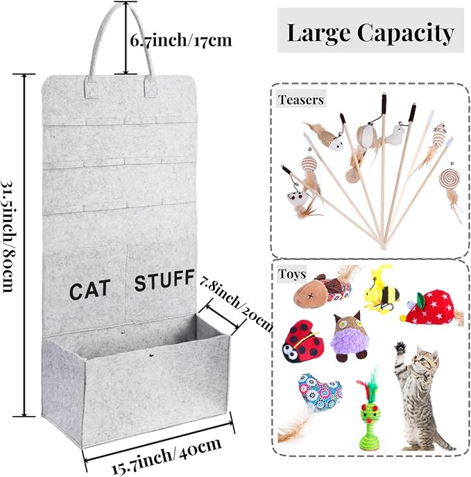 2 Pack Cat Wand Toy Storage Bag, Hanging Cat Teaser Holder for Neatly Organization, Durable Feather Pet Toy Organizer Bag with Handle for Indoor Pet Supplies, Feline Safety