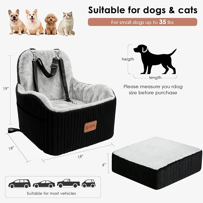 Dog Booster Car Seat for Small & Medium Dogs Up to 35 lbs, 6" Elevated Pet Car Seat with Safety Leash, Soft Plush Cushion, Non-Slip Bottom, Fits Front & Back Seat, Washable Cover