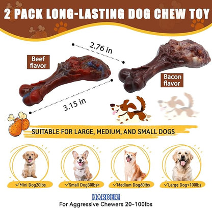 Magicorange Dog Chew Toys for Aggressive Chewers, Indestructible Dog Toy for Medium/Large Breed, Tough Nylon Teething Bone Toy to Keep Them Busy,Bacon and Real Beef Flavor (Beef+Bacon Flavor, 2 Pack)
