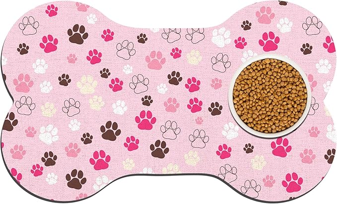 Pet Dog Cat Food Mat, Absorbent Bone Shaped Dog Bowl Mats for Food and Water, Non Slip Cute Dogs Cat Placemats Feeding Mat with Rubber for Floors Indoor Puppy Pet Accessories Supplies 16"x24" Pink