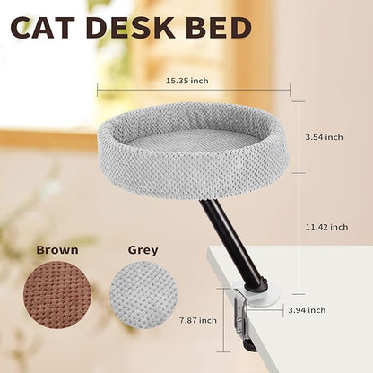 Cat Desk Bed, Cat Nest Bed for Desk Supports Up to 60 lbs, 360° Rotation Soft Cats Hammock, Nest Desktop Attachment Cats Hammock for Various Desktop Side Table Furniture (Grey)