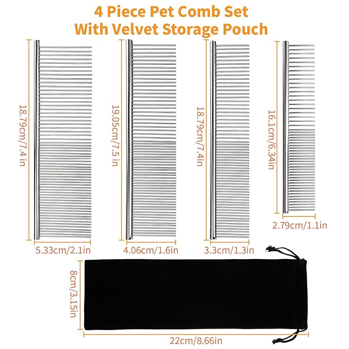 Dog Combs for Grooming Matting, 4 Pack Metal Cat Comb for Removing Tangles and Knots, Professional Dematting Tool for Pet Cats, Greyhound, Poodle, Doodle