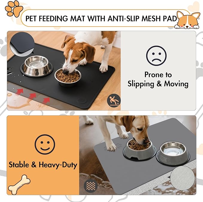 Newest Diatomite Stone Pet Feeding Mat for Dog&Cat–Super Absorbent Diatomite Fast Drying Stone Dog Food Mat, Quick Dry Dog Mats for Food and Water with Non-Slip Pad (24×16'', Dark Gray, Square)