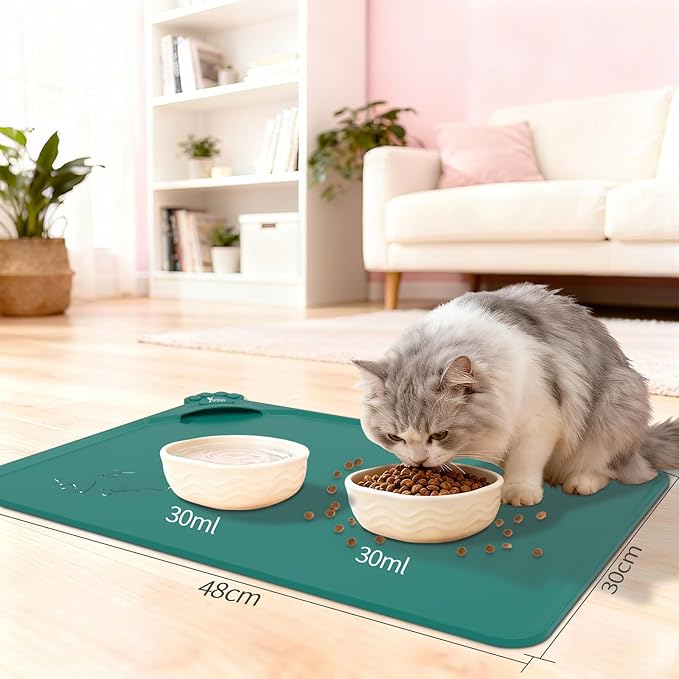 Silicone Pet Food Mat Dog Cat Waterproof Spill Proof Mess Control Easy Clean Floor Protector 18.8L x 11.8W Inch Green