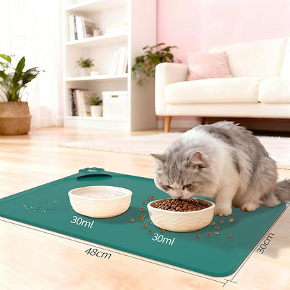 Silicone Pet Food Mat Dog Cat Waterproof Spill Proof Mess Control Easy Clean Floor Protector 18.8L x 11.8W Inch Green