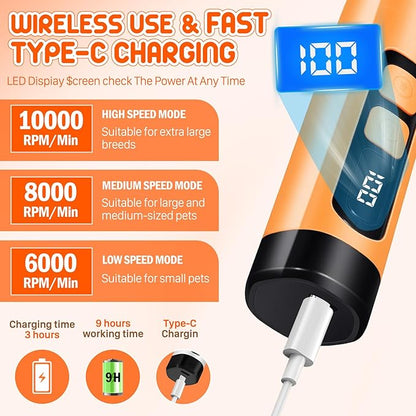 Dog Nail Grinder Electric Powerful 3 Speeds Dog Nail Clippers with Lights Quiet Cat Nail Clipper Painless Care Trimmers Tools for Small Medium Large Dogs and Cats（Orange）