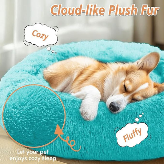 JOLLYVOGUE Calming Dog Beds Large Sized Dog, 36in Donut Washable Large Pet Bed, Anti-Slip & Anti-Anxiety Fluffy Faux Fur Round Dogs Bed, Fits up to 80 lbs Pets (Aqua Blue)