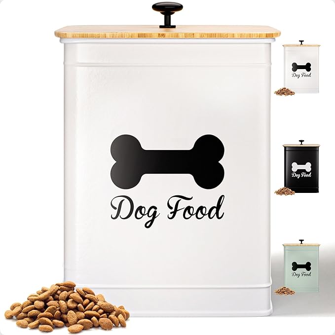 Dog Food Container Airtight 5-7 lb (25 Cup) Capacity - Cute Airtight Dog Food Storage Container with Bamboo Lid & Sturdy Metal Handle - White Metal Kibble Storage Bin for Dogs up to 50 lbs - Pet Jar