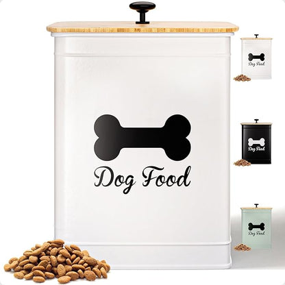 Dog Food Container Airtight 5-7 lb (25 Cup) Capacity - Cute Airtight Dog Food Storage Container with Bamboo Lid & Sturdy Metal Handle - White Metal Kibble Storage Bin for Dogs up to 50 lbs - Pet Jar