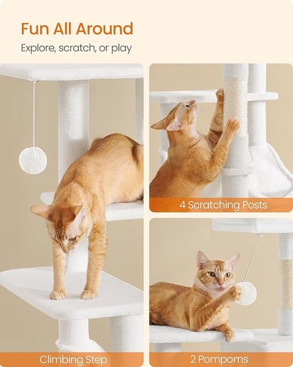 Feandrea Cat Tree, 55.1-Inch Cat Tower, Plush Multi-Level Condo with 4 Scratching Posts, 2 Perches, Hammock, Cave, Cream White UPCT161T01