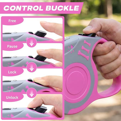 Retractable Dog Leash with USB Rechargeable Flashlight for Night Walks, 16FT Automatic Telescopic Tractor Dog Leash for Small and Medium Dogs, Pink
