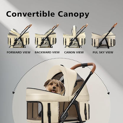 4 Wheels Pet Stroller for Small/Medium Dogs and Cats,Dog Stroller with Detachable Carrier and Storage Basket,One Click Folding, Compact Portable,Up to 50lbs,3 in1 Multifunctional(Khaki)