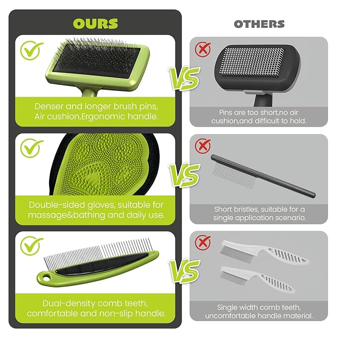 Cat & Dog Brush Set, Pet Grooming Kit with Metal Comb, Slicker Brush, Hair removal Glove for Detangling and Dematting Long, Matted Fur, Green