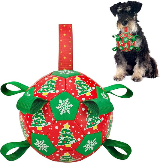 Dog Soccer Toy with Straps Christmas Dog Interactive Ball Toy for Tug of War Christmas Dog Tug Ball Toy with Xmas Tree Snowflower Pattern for Medium Large Dogs(Number 2)