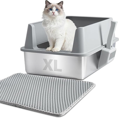 XL Stainless Steel Litter Box with Lid, Extra Large High Sided Metal Cat Litter Box with Mat and Scooper, Easy Clean, Non Stick & No Smell