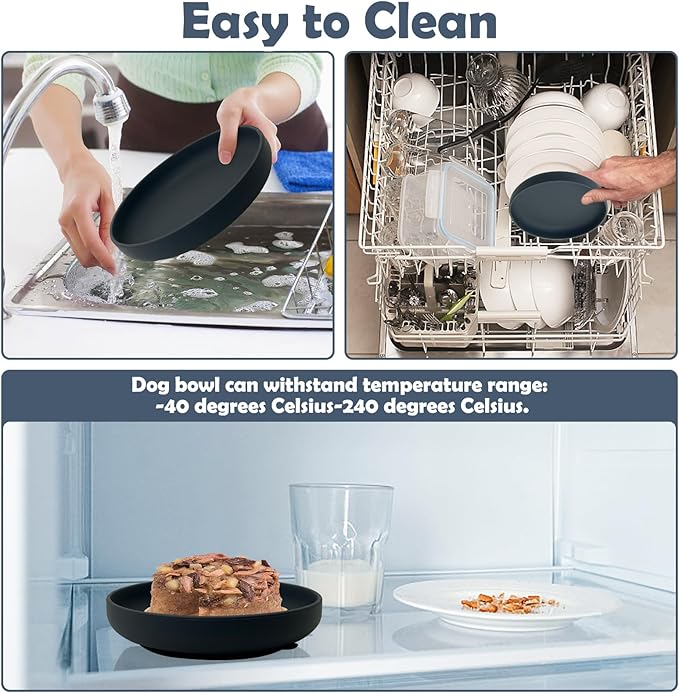 Silicone Dog Bowl Set of 2 Flat Puppy Food & Water Dish Less Mess Cat Dry Food Plates with Suction Cup Non-Tippable Feeding Bowls for Small & Medium-Sized Pets (Round Grey)