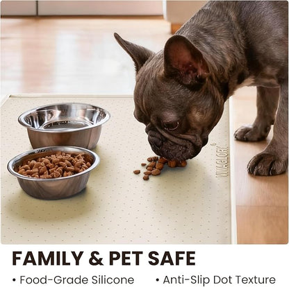 VIVAGLORY Dog Bowl Mat Grippymat Pet Food Mat, Waterproof Washable Nonslip Silicone for Pet & Cat, Food and Water Placemat with Lip & Raised Edges for Indoor Floor, L, Ivory