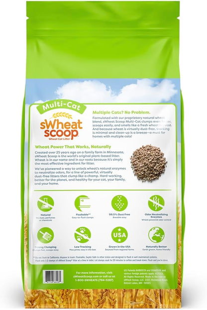 sWheat Scoop Natural Wheat Multi-Cat Litter, Superior Clumping with Odor Neutralizing Enzymes, 28 Pound Bag