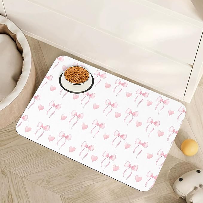 Cute Pink Bow Dog Food Mat for Floors,Heart Absorbent Pet Food and Water Bowl Mats,Non-Slip Pet Feeding Mat,Pet Supplies 12" x 20"