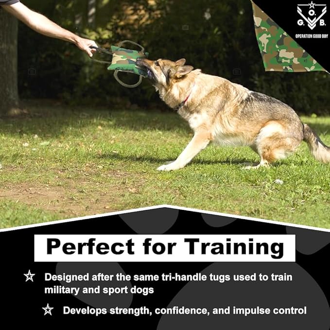 O.G.B. Operation Good Boy Bite Pillow Tug Toy for Dogs - Tri-Handle Design Used by Military and Sport Dog Trainers - Reinforced Polyester Cords and Thick Camouflage Covering for Fun Play and Training