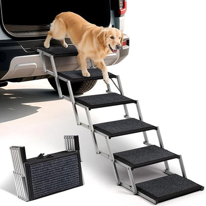 Extra Wide Dog Steps for Car, Truck and SUV - Foldable Pet Stairs for Large Dogs with Non-Slip Rug Surface, Lightweight Dog Ramp Holds Up to 250lbs, 6 Steps